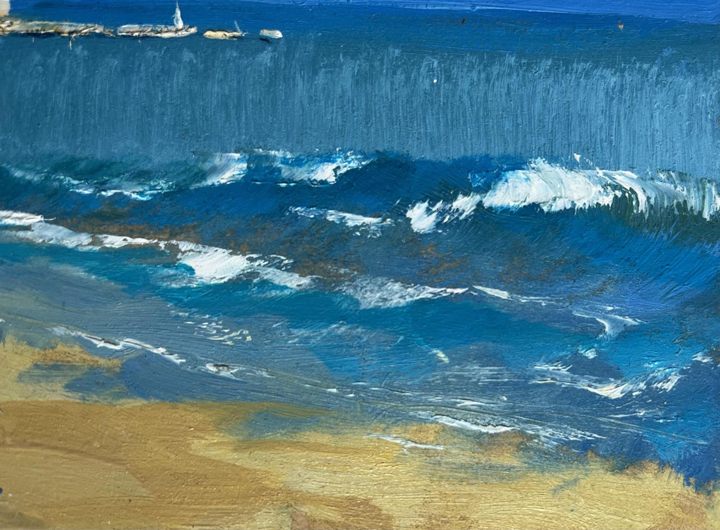Textured oil painting of ocean waves crashing on sandy shore by Yuriy Suprunchuk