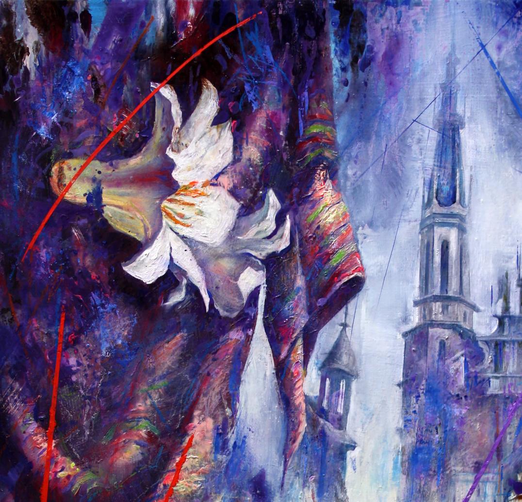 Oil painting Tales of the Old Town by Alexander Dobrodiy with white lily