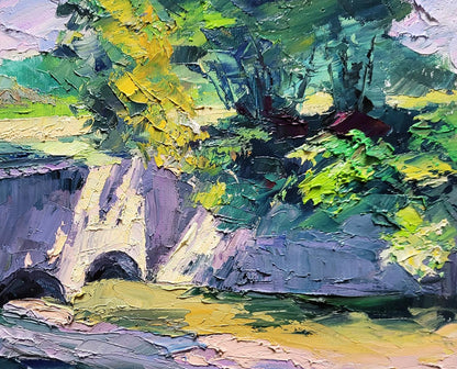 Vibrant impressionist oil painting Dam Boris Serdyuk with textured foliage cliff
