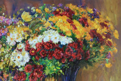 Vibrant impressionistic oil painting of lush autumn bouquet in dark vase by Leonid Pavlenko
