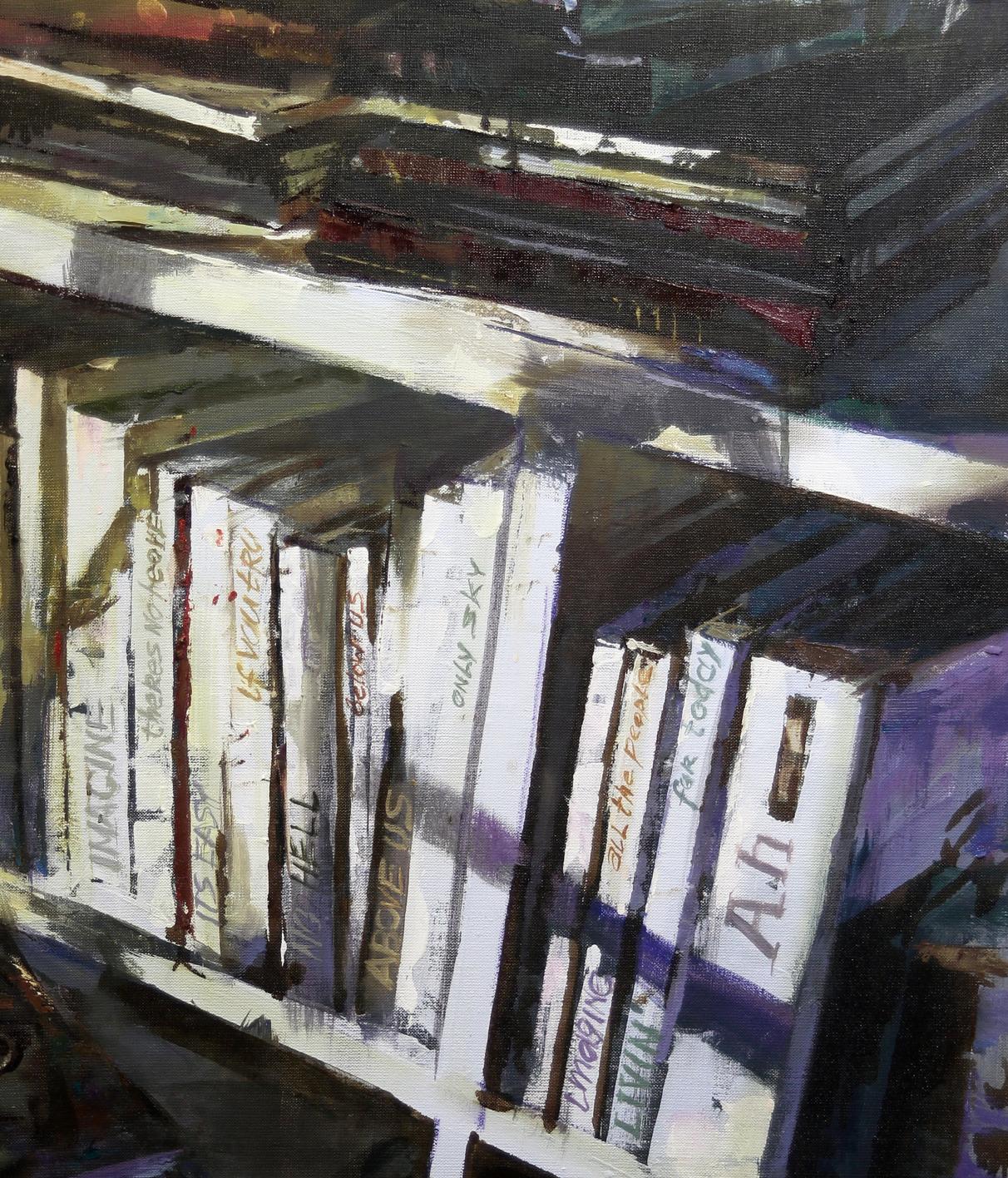 Oil painting Imagine Ed Potapenkov: white-spined books with colorful handwritten titles on shelf