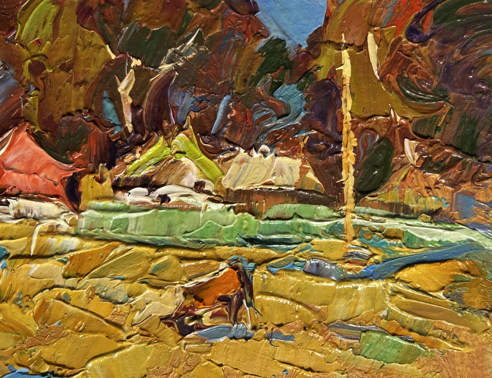 Oil painting of cow in field near village by Oksana Ivanyuk
