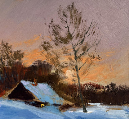 Oil painting of solitary tree in snowy glow by Yuriy Suprunchuk