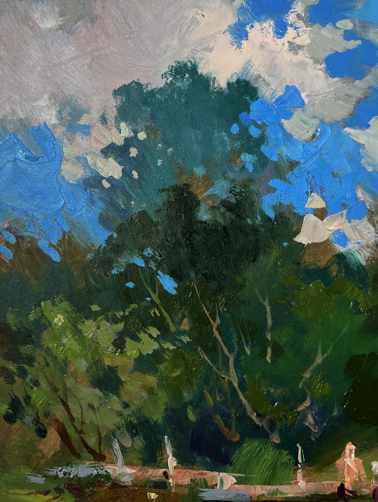 Vibrant impressionist oil painting by Yuriy Suprunchuk with lush green trees under dynamic sky