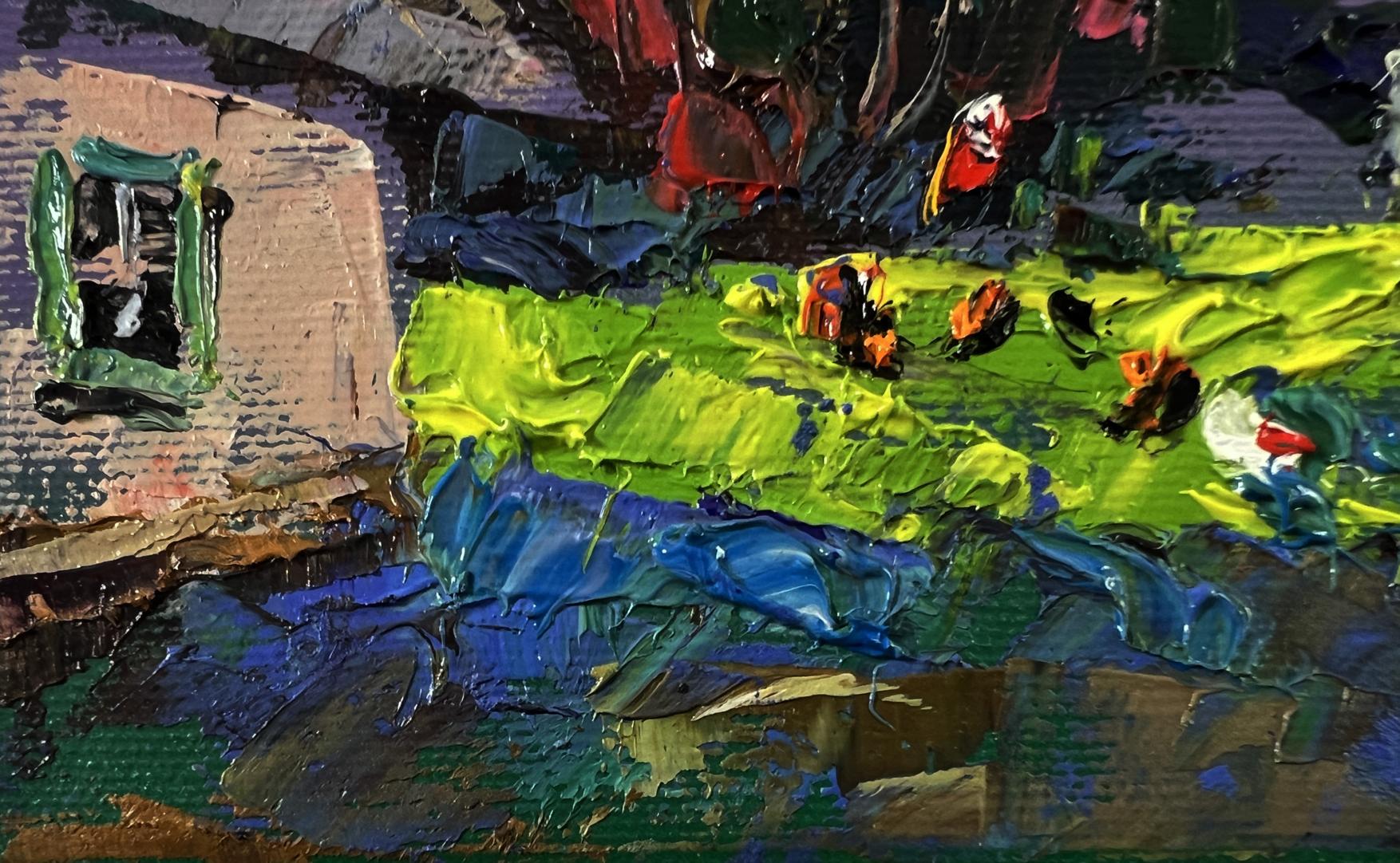 Vibrant Oleksiy Ivanyuk oil painting of silent village life with textured grass, water, rustic building