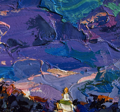 Oil painting Autumn breeze in the forest by Oksana Ivanyuk with purple teal layers