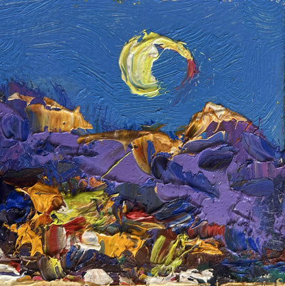 Oil painting Morning summer moon by Oleksiy Ivanyuk, vibrant crescent moon over mountains