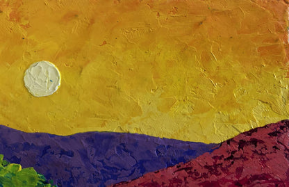 Oil painting Shades of yellow sunset by V. Zadorozhnya, vibrant impasto sky