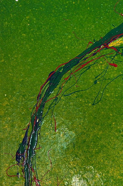 Abstract acrylic painting Bright lemon by Olga Melezhik, green and red drips