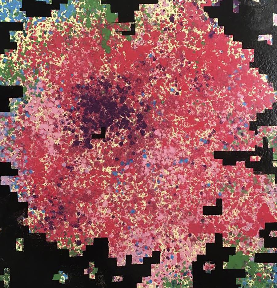Oil painting Rose in Pixel by Natalia Korf-Ivaniuk, vibrant pixelated red burst