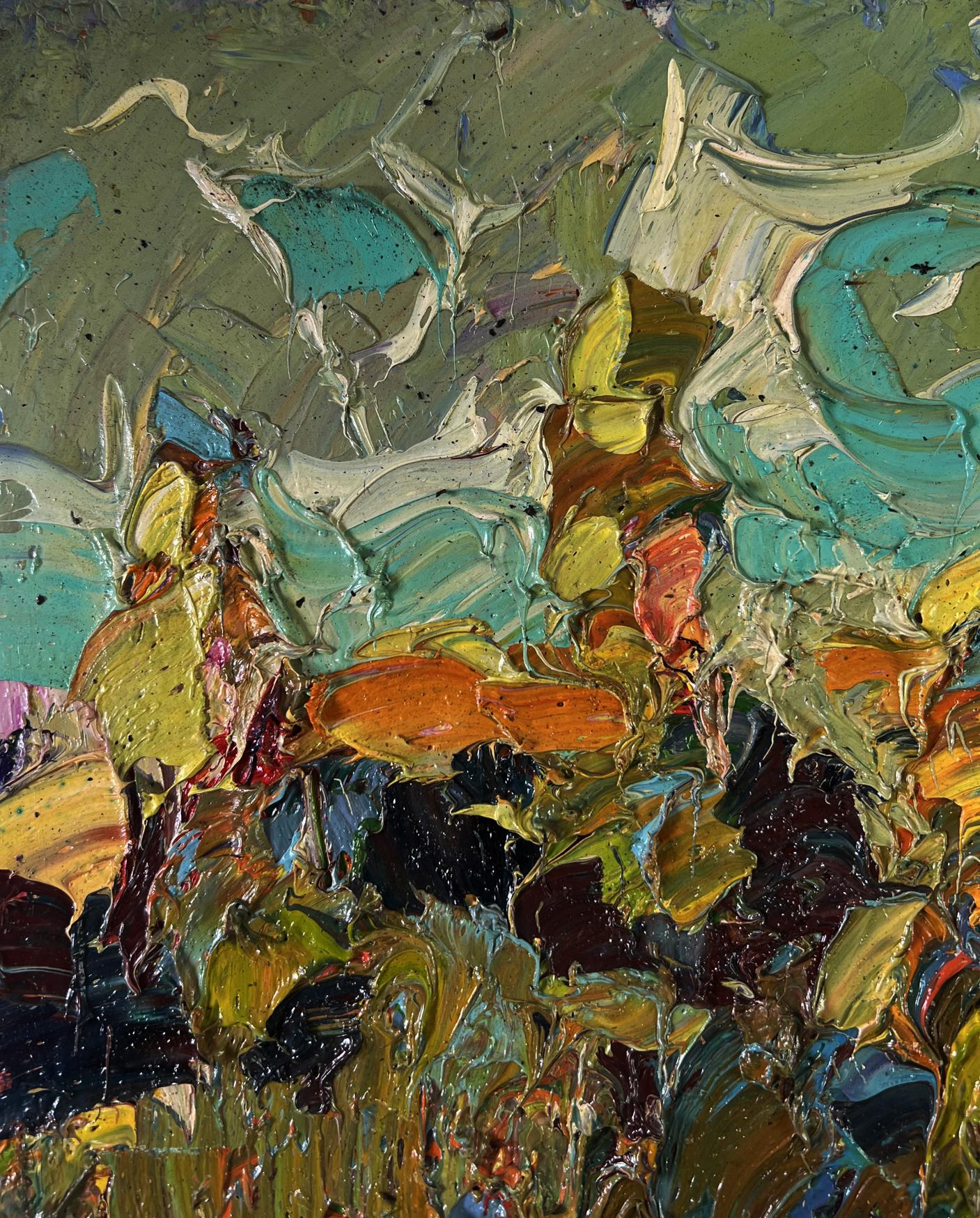 Autumn aflame of fire oil painting by Oleksiy Ivanyuk in teal and ochre