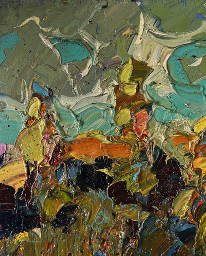 Autumn aflame of fire oil painting by Oleksiy Ivanyuk in teal and ochre