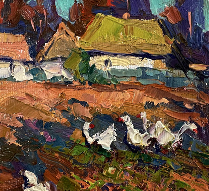 Oil painting Geese in the village by Oksana Ivanyuk, vibrant impressionist landscape