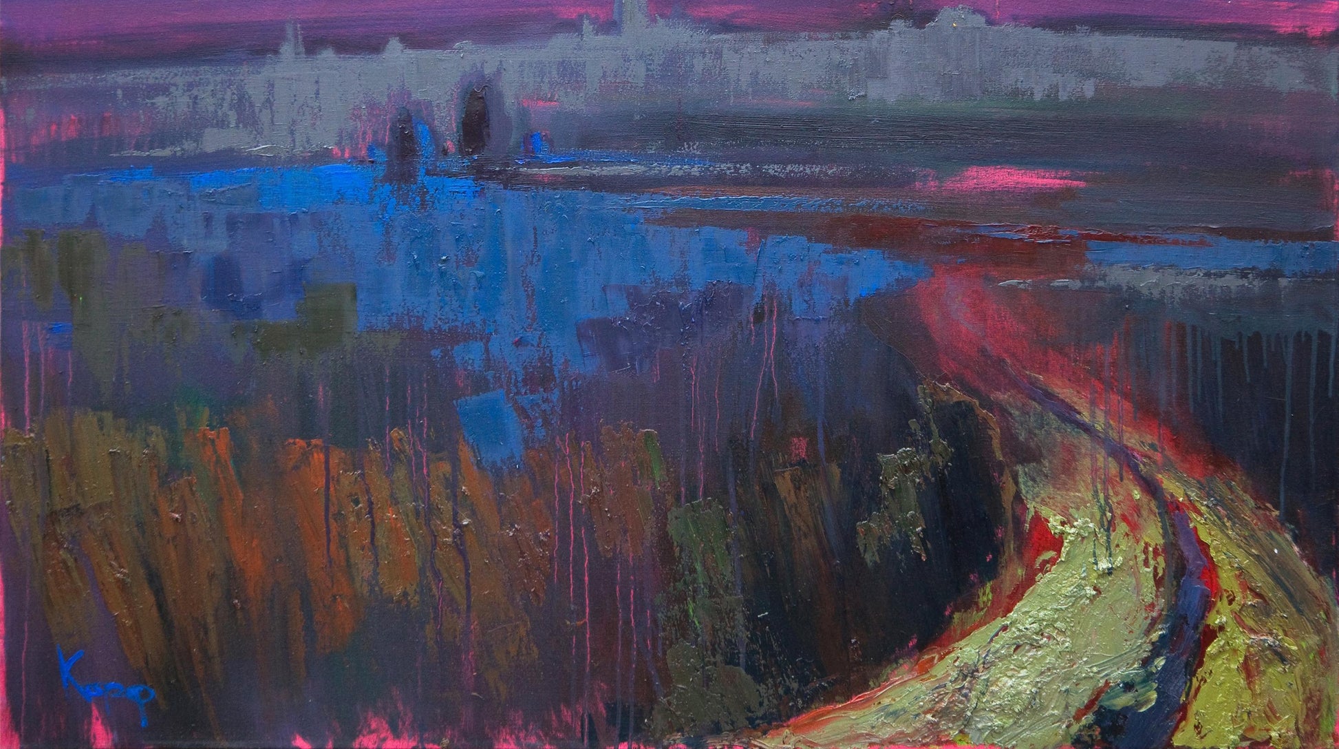 Abstract expressionist oil painting Field In The Fog by Natalia Korf-Ivaniuk