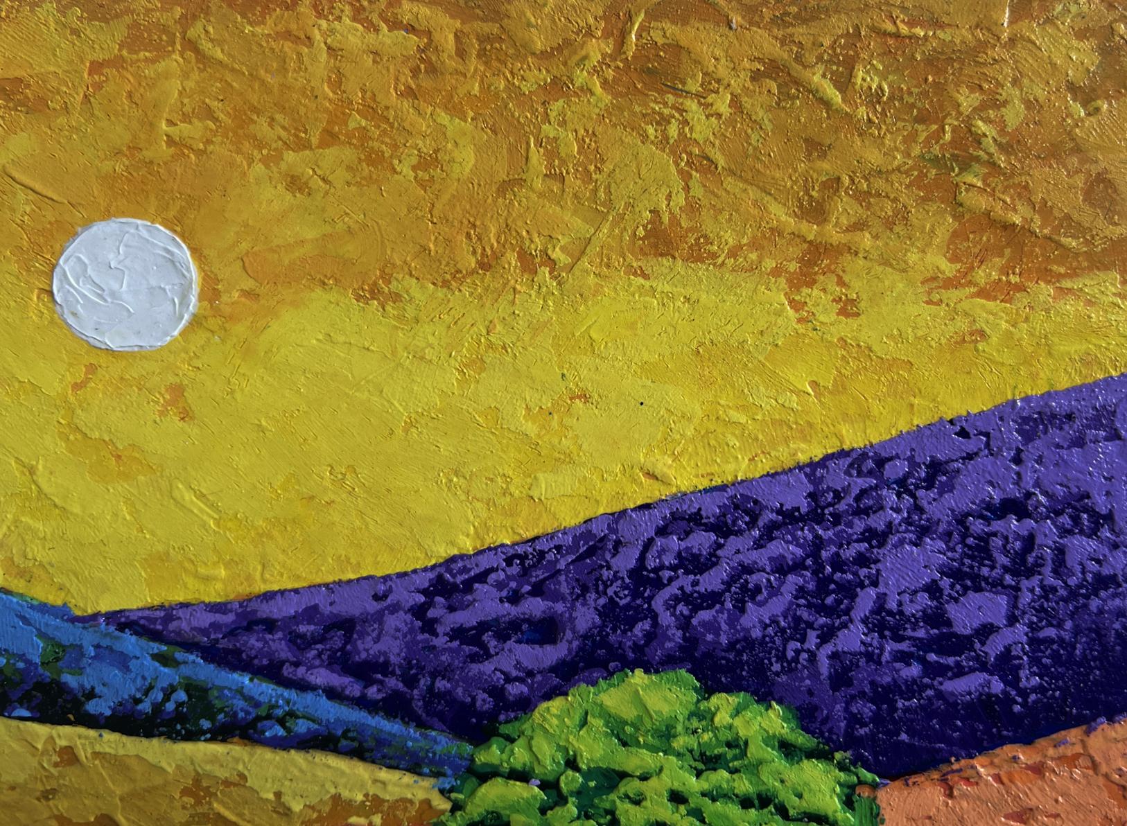 Oil painting by V. Zadorozhnya: yellow sunset over flower meadows with moon