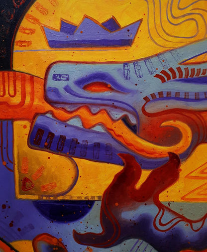 Vibrant oil painting Biting the Tail by Sergiy Voichenko, blue dragon with orange accents