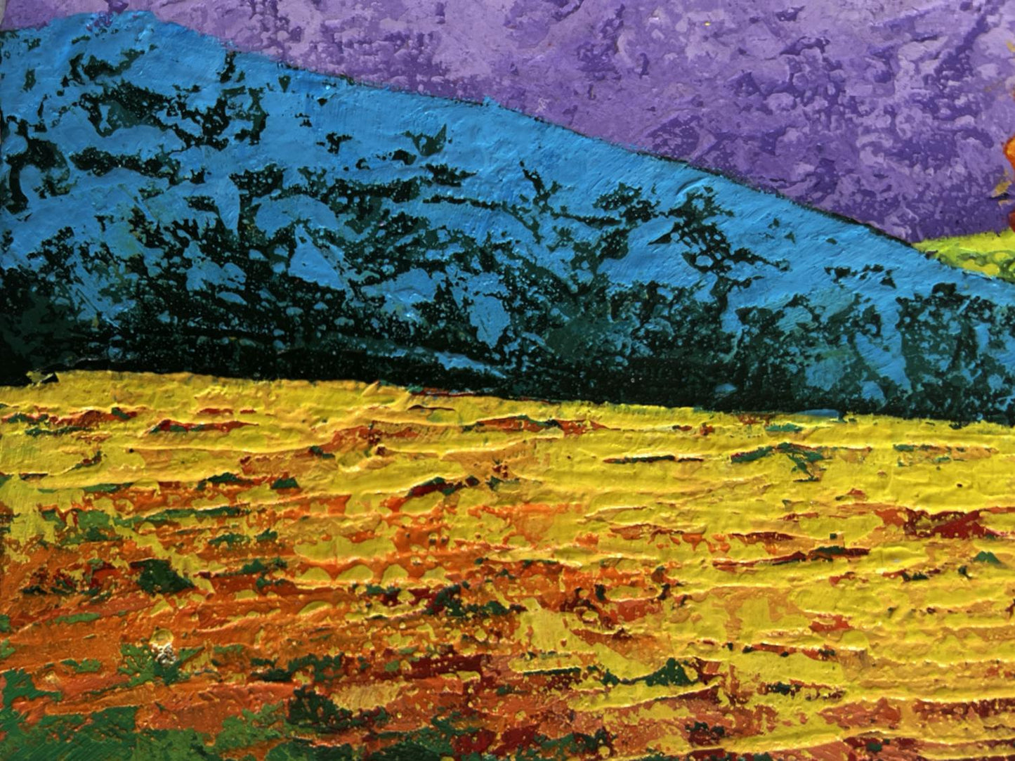 Vibrant Blazing Sunset oil painting by V. Zadorozhnya with blue purple yellow orange layers