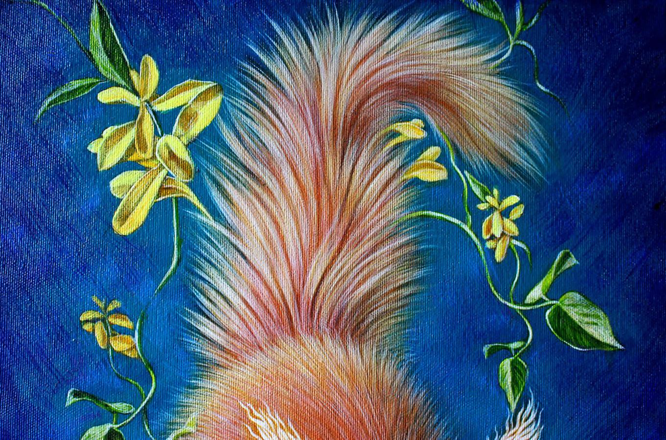 Oil painting of vibrant fluffy fox tail with flowers by Lapusic sorcerer Vira Goncharenko