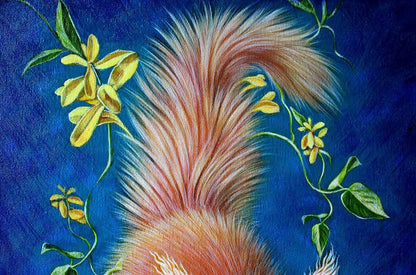 Oil painting of vibrant fluffy fox tail with flowers by Lapusic sorcerer Vira Goncharenko