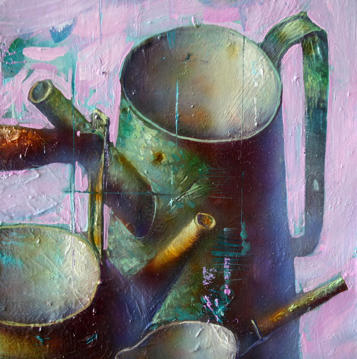 Oil painting Green still life by Alexander Dobrodiy: metallic watering can