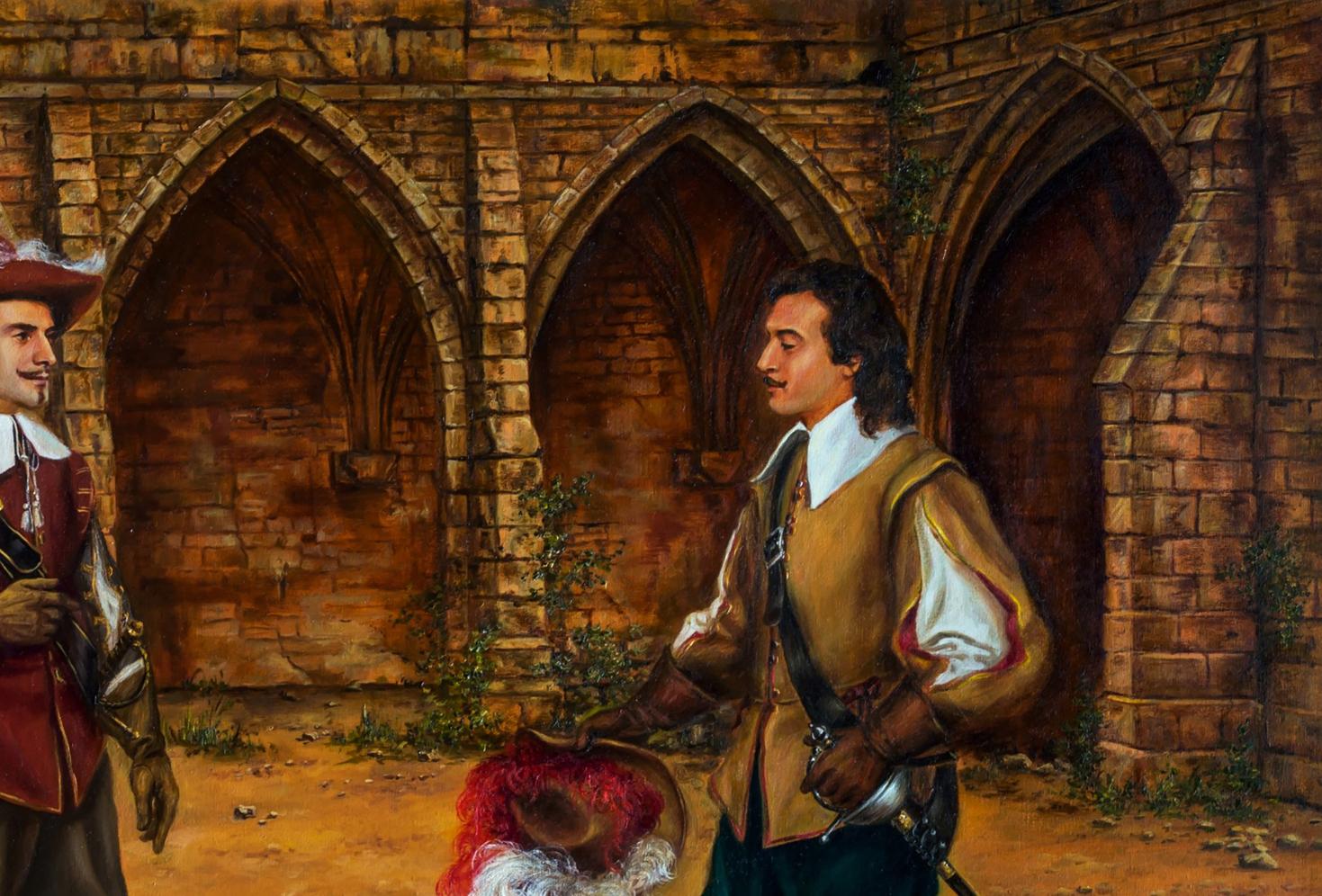Oil painting of 17th-century men at archway, Miracle Balm Valeriy Bulat