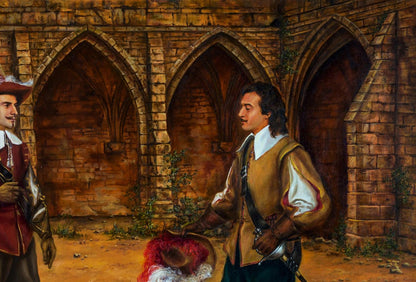 Oil painting of 17th-century men at archway, Miracle Balm Valeriy Bulat
