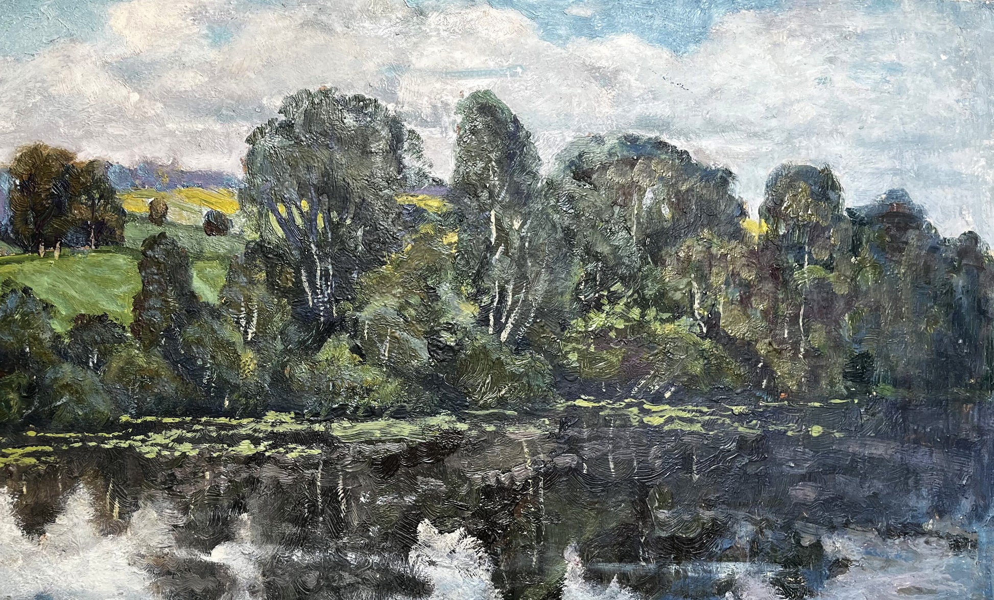 Serene impressionistic oil painting overlay of lake and trees on summer day