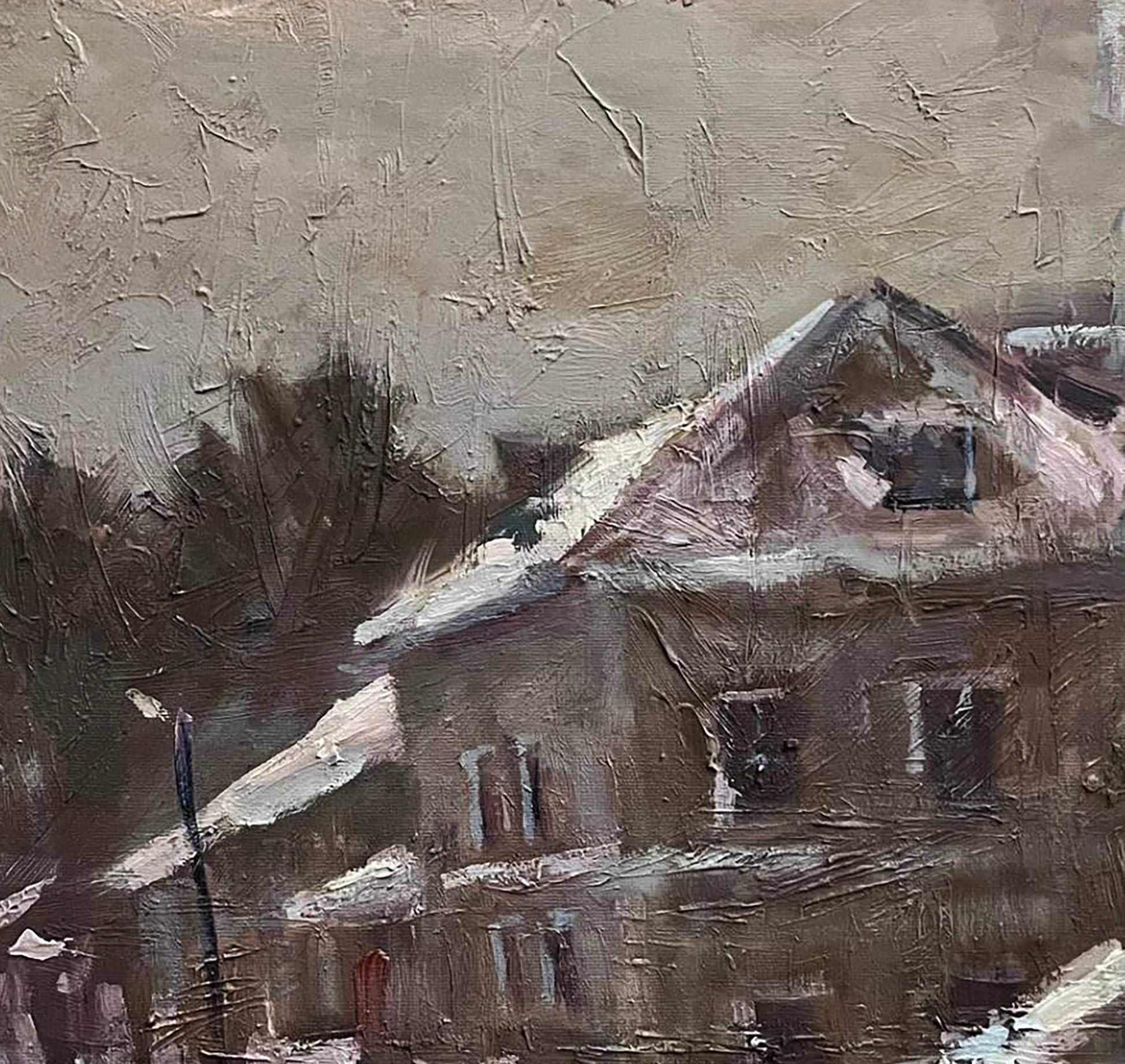 Textured impressionistic oil painting by Volodymyr Pashchenko of snow-dusted house