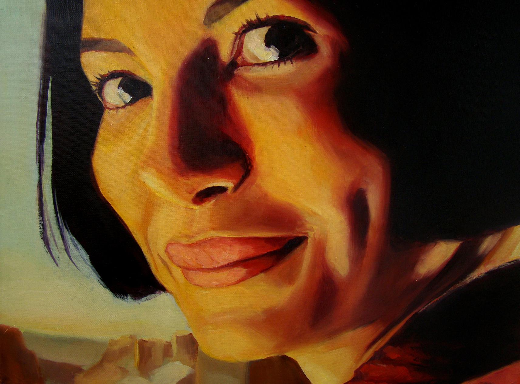 Oil painting Crazy Eyes by Yulia Lihina, warm-toned woman portrait