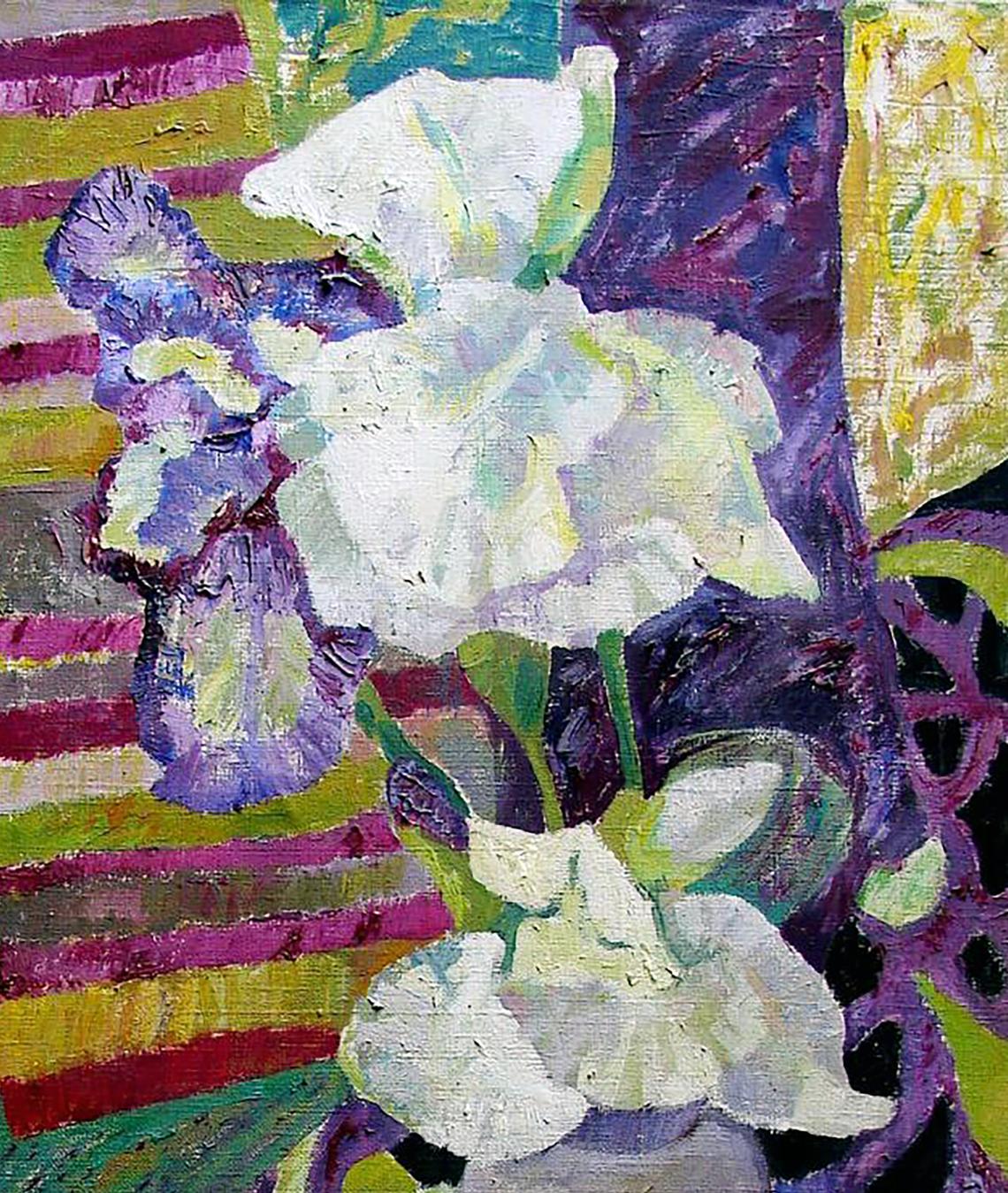 Oil painting Irises Tatyana Shulyak with bold white purple irises