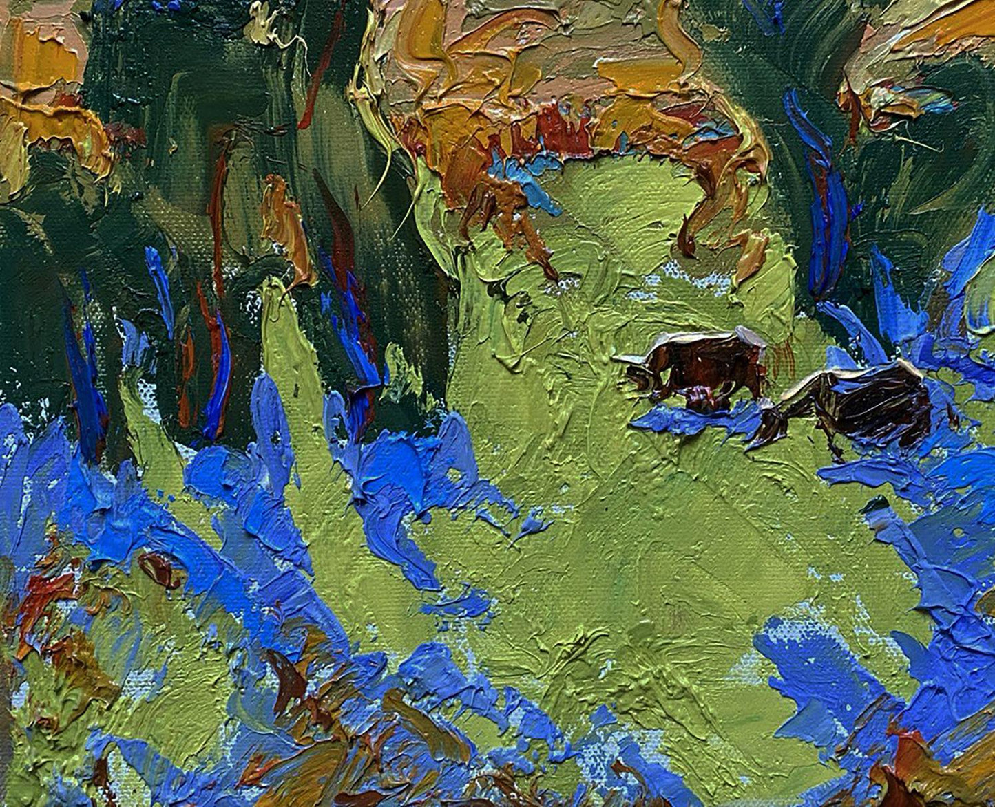 Vibrant impressionist oil painting After lunch in the field by Oleksiy Ivanyuk with grazing cows