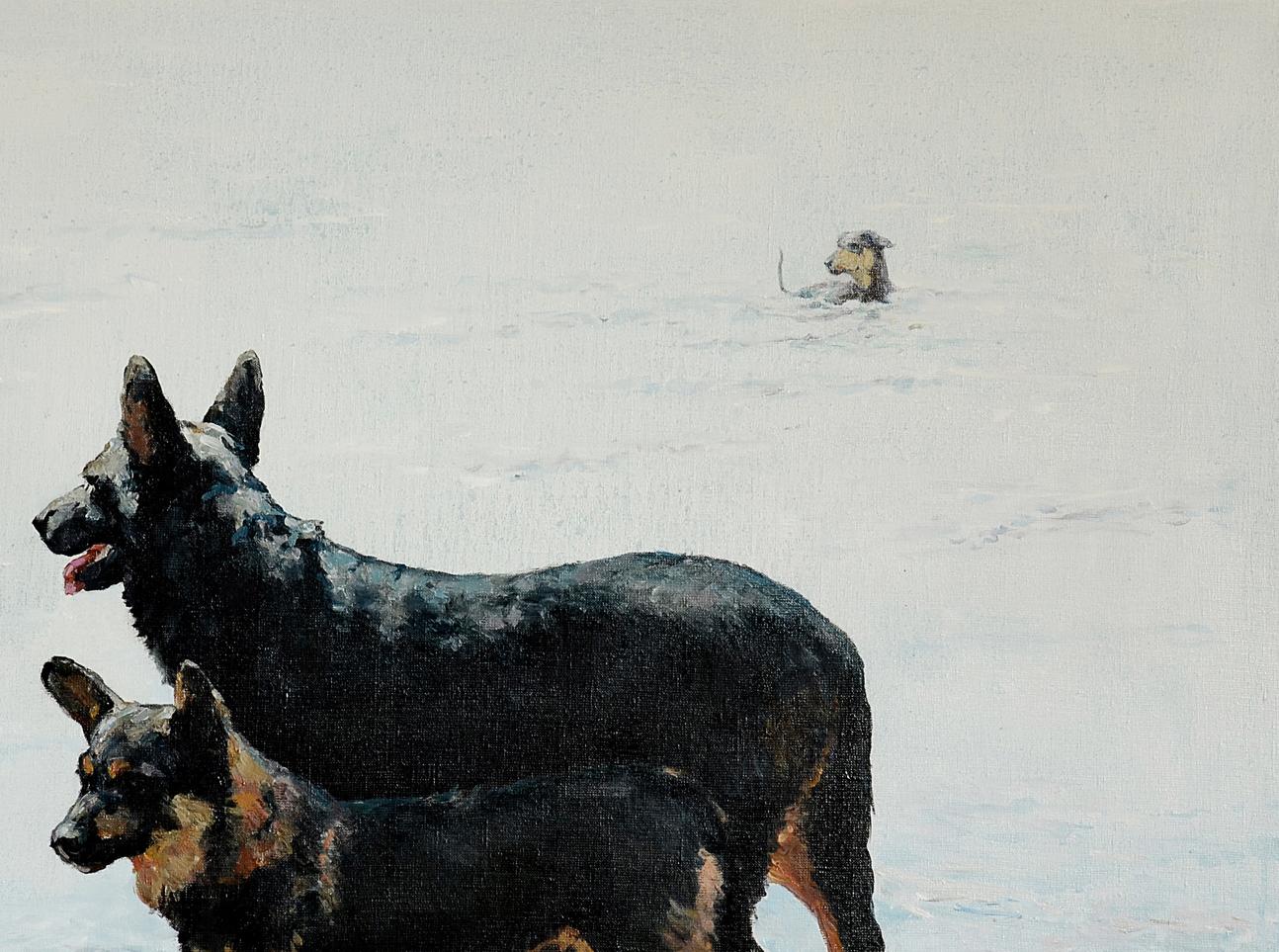 Oil painting Dog Fate by Oleg Kateryniuk: two German shepherds in snow