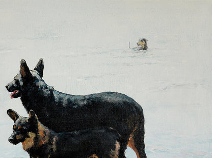 Oil painting Dog Fate by Oleg Kateryniuk: two German shepherds in snow
