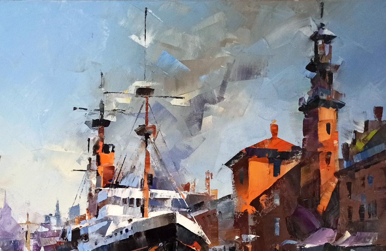 Oil painting Morning bustle by Volodymyr Gluhomanyuk historic ship scene
