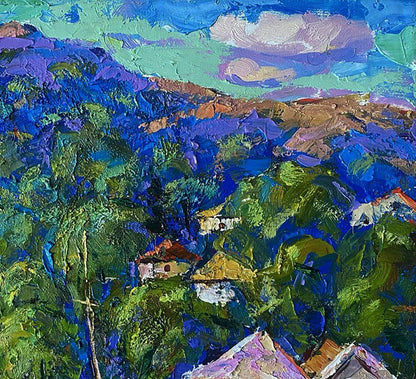 Vibrant impressionist oil painting of Oleksiy Ivanyuk village in valley