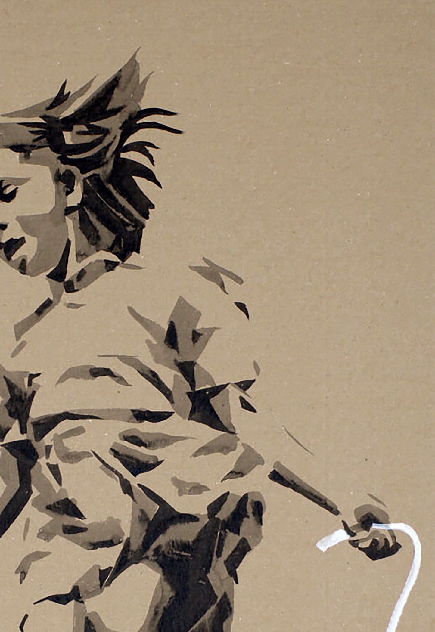 Stylized black beige stencil of jumping girl by Dima Filatov acrylic painting