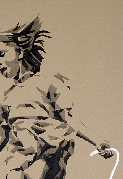 Stylized black beige stencil of jumping girl by Dima Filatov acrylic painting