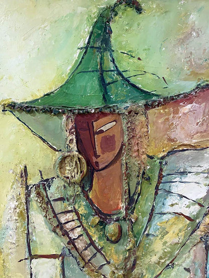 Oil painting Autumn Sadness by Victor Yershov with green conical hat