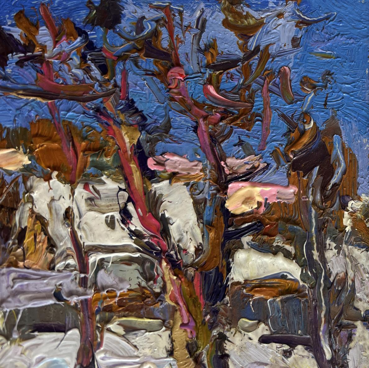 Oil painting Crows in the trees by Oksana Ivanyuk with blue sky brushstrokes
