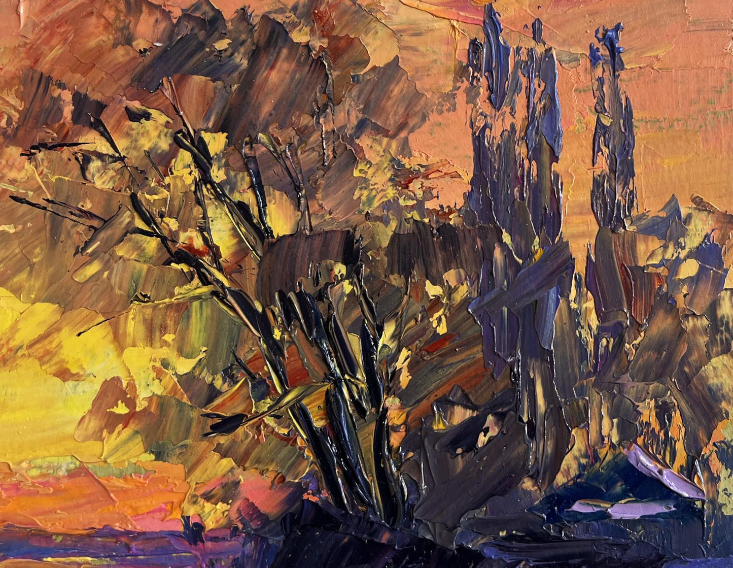 Oil painting The winter morning begins by Boris Serdyuk with orange yellow blue strokes
