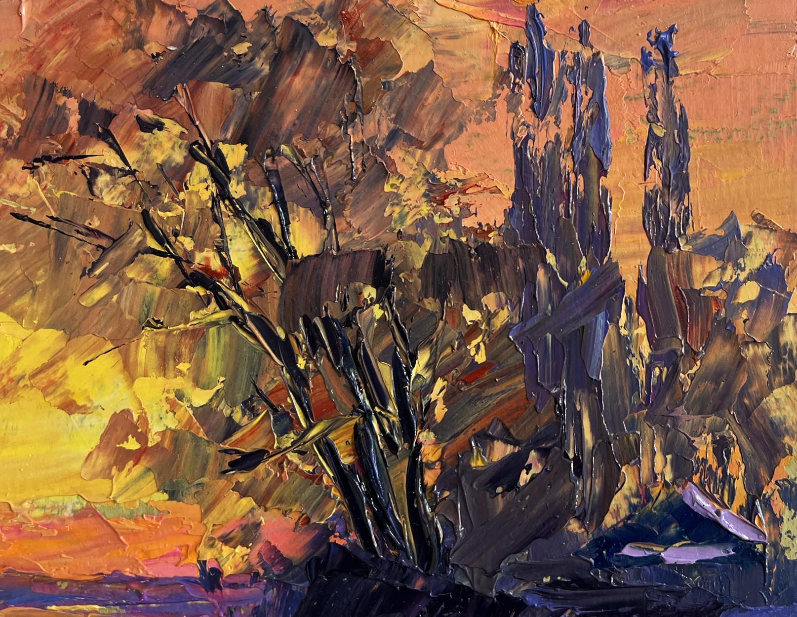 Oil painting The winter morning begins by Boris Serdyuk with orange yellow blue strokes