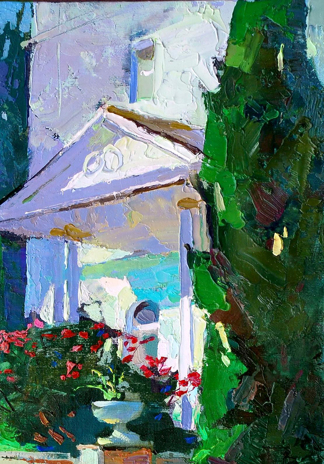 Vibrant impressionistic oil painting Summer sketch by Egor Shvachunov: white house with purple blue accents, green foliage, red flowers