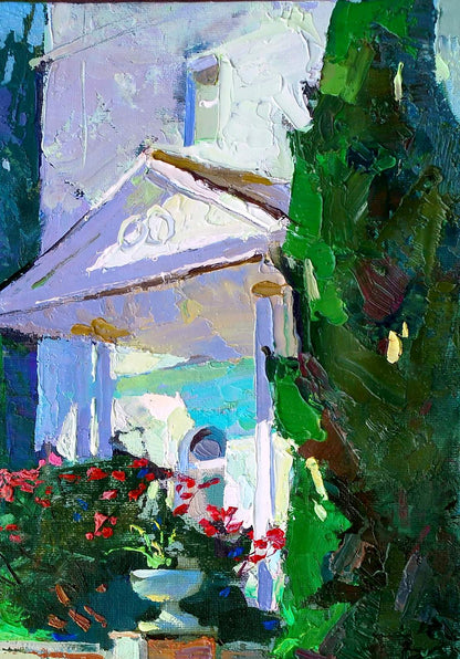 Vibrant impressionistic oil painting Summer sketch by Egor Shvachunov: white house with purple blue accents, green foliage, red flowers