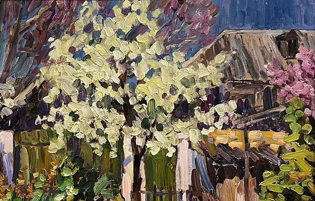 Oil painting Wild pear blossoms in the yard by Petro Kolomoytsev