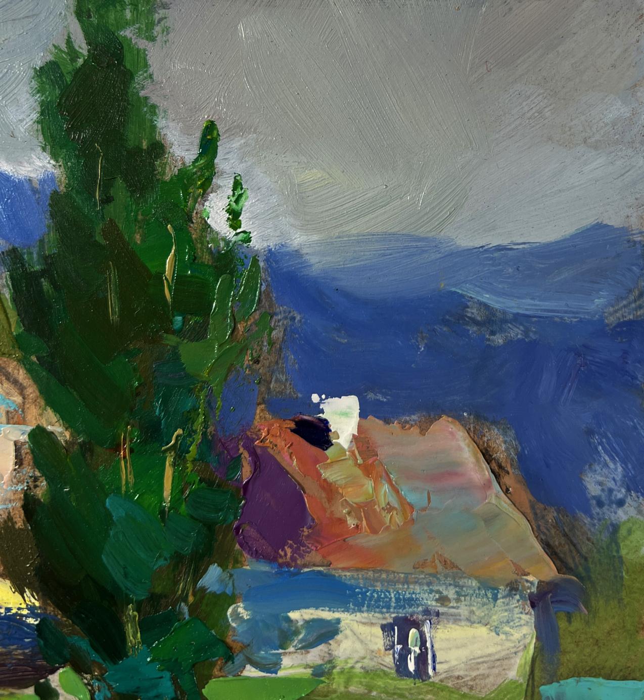 Vibrant impressionist oil painting by Yuriy Suprunchuk: path to rural field with tree, mountains