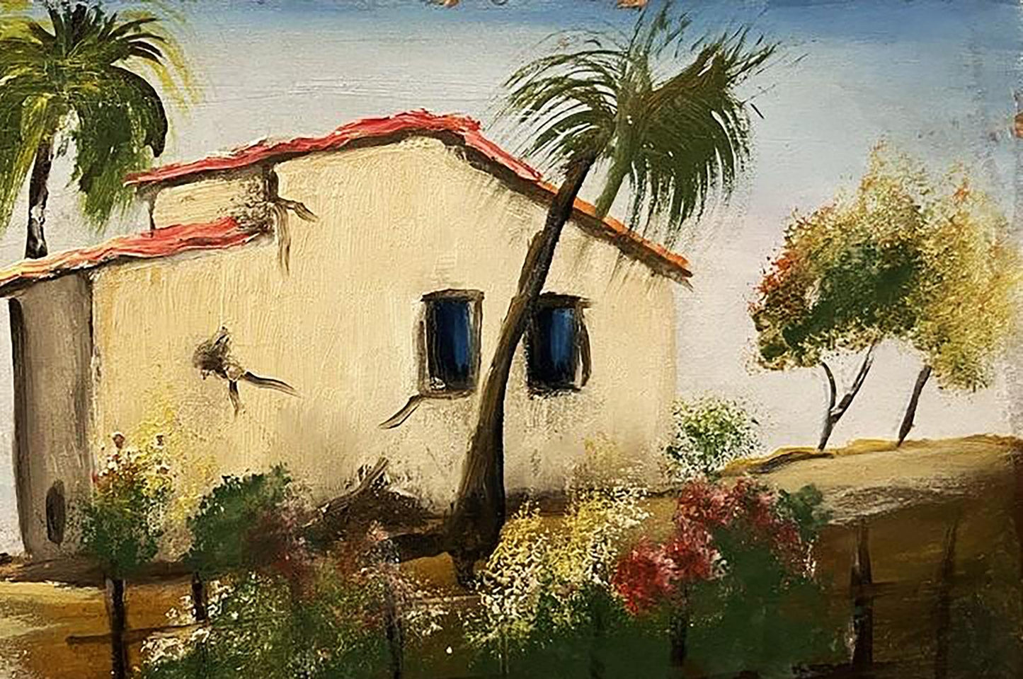 Oil painting of rustic stucco house by sea with red roof, palms
