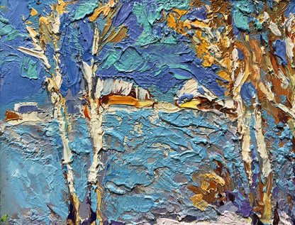 Oil painting Winter day by Oksana Ivanyuk: textured blue winter landscape