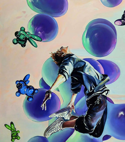 Vibrant oil painting of TikTok man jumping by Igor Konovalov with balloons