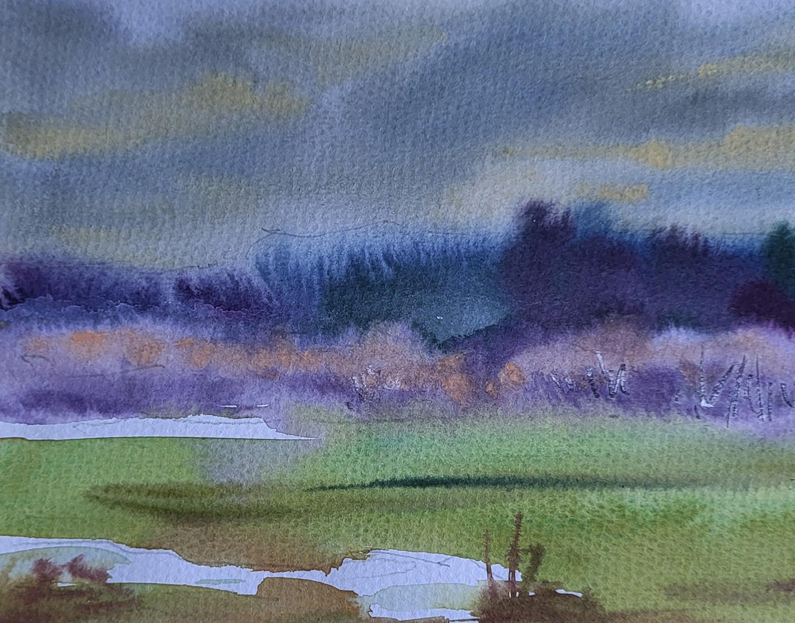 Watercolor painting First snow silence by Boris Serdyuk, green field and foliage