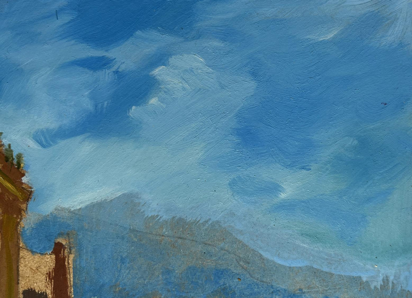 Oil painting of city boats by sea with cliffs and dynamic sky by Yuriy Suprunchuk
